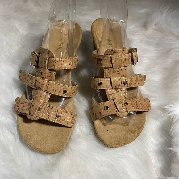 Vionic cork and gold wedge strappy sandals with side buckle & Velcro straps SZ7 - Picture 2 of 10